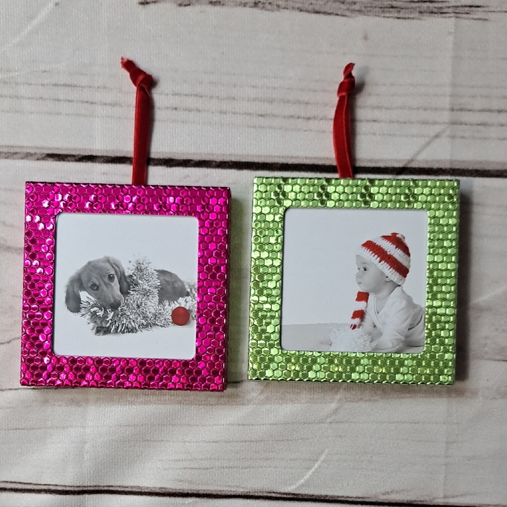 Festive Pink and Green Metallic Photo Ornaments